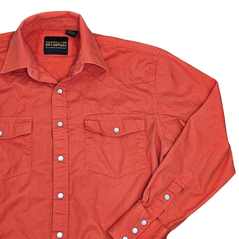 Drysdales Men's Medium Pearl Snap Shirt Coral‎ Orange Western Long Sleeve Cowboy